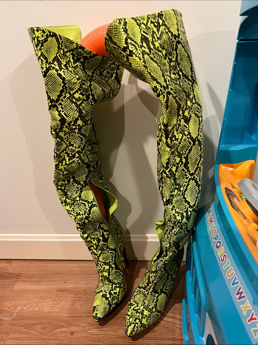 Neon Lime Snake-Print Over-the-Knee Boots